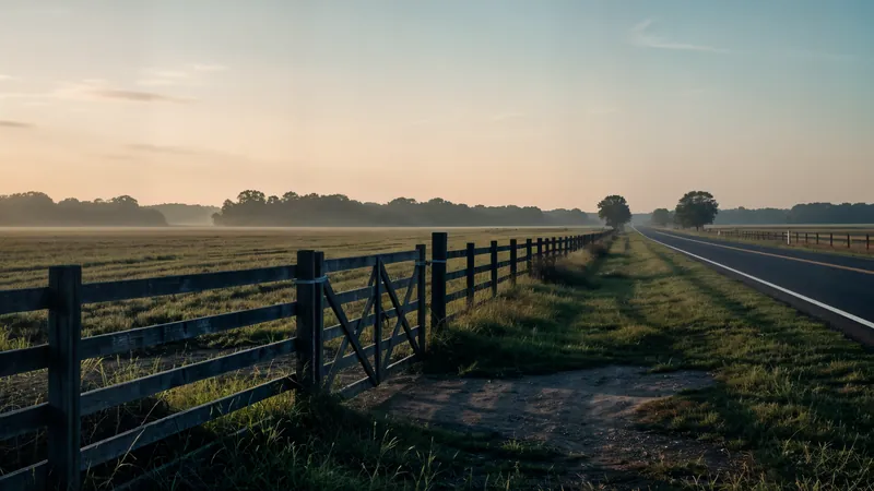 A farm gate and flat field at sunrise