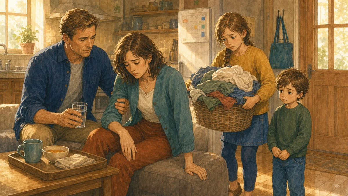 A physician's children continuing homework beside an unused white coat