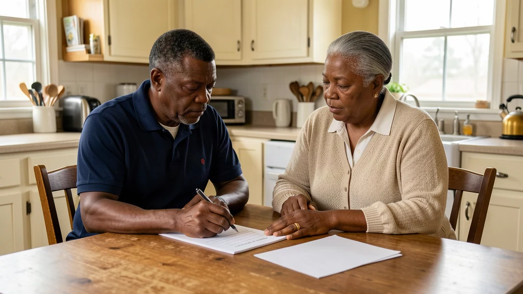 A representative older couple reviewing a checklist at their kitchen table