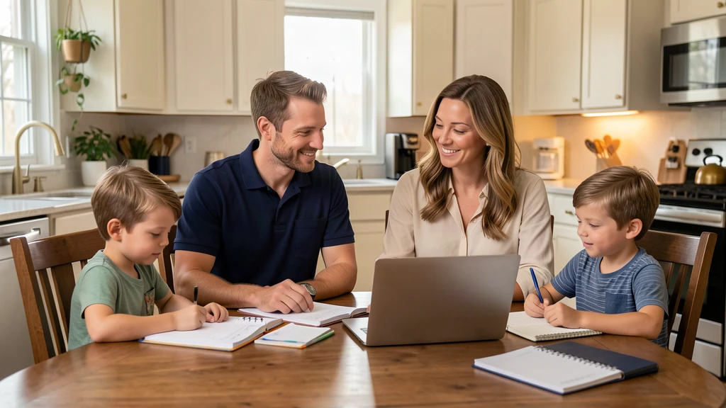 A representative younger working family planning together at the kitchen table